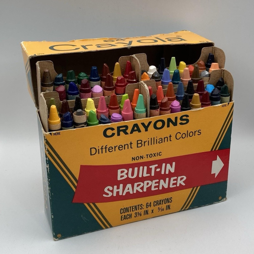 Vtg 1970's Crayola Crayons 64 Pack / With Sharpener / Worn Box / Partially Used